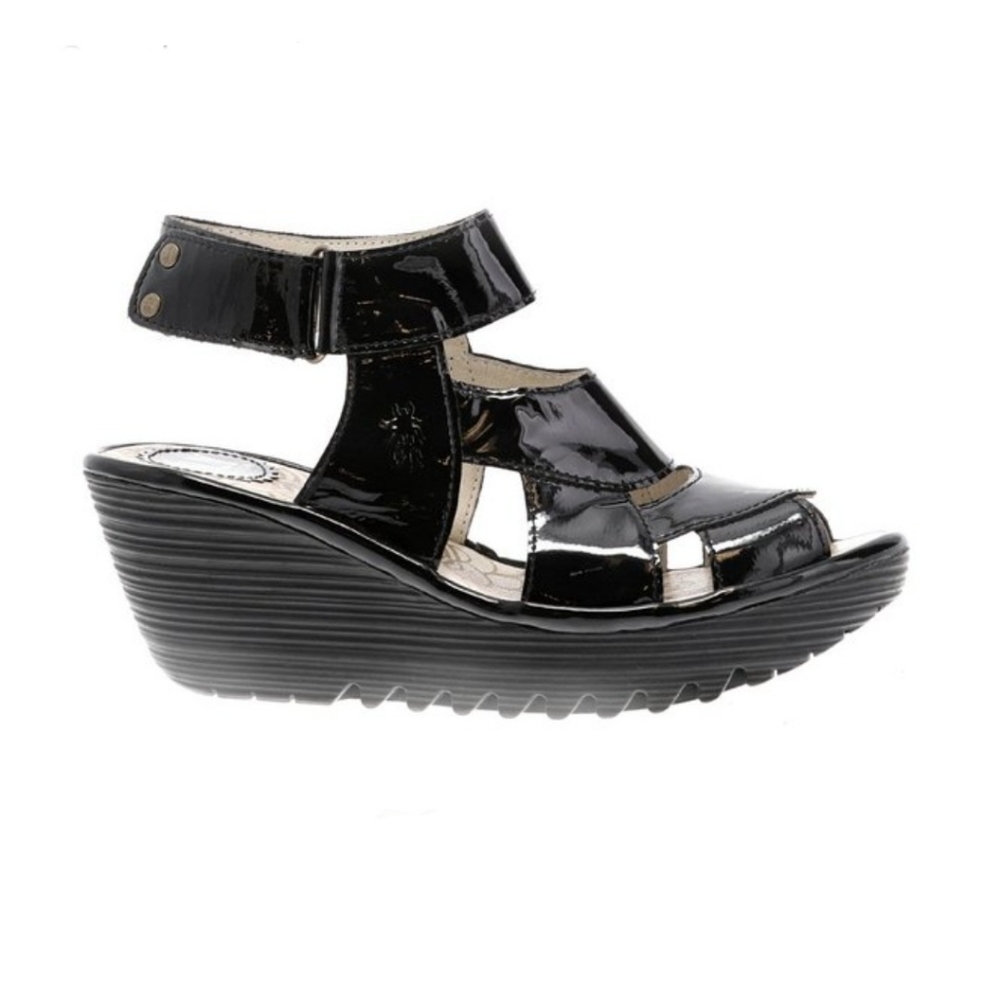 Fly London Yair Black Patent Leather Sandal Sz 37